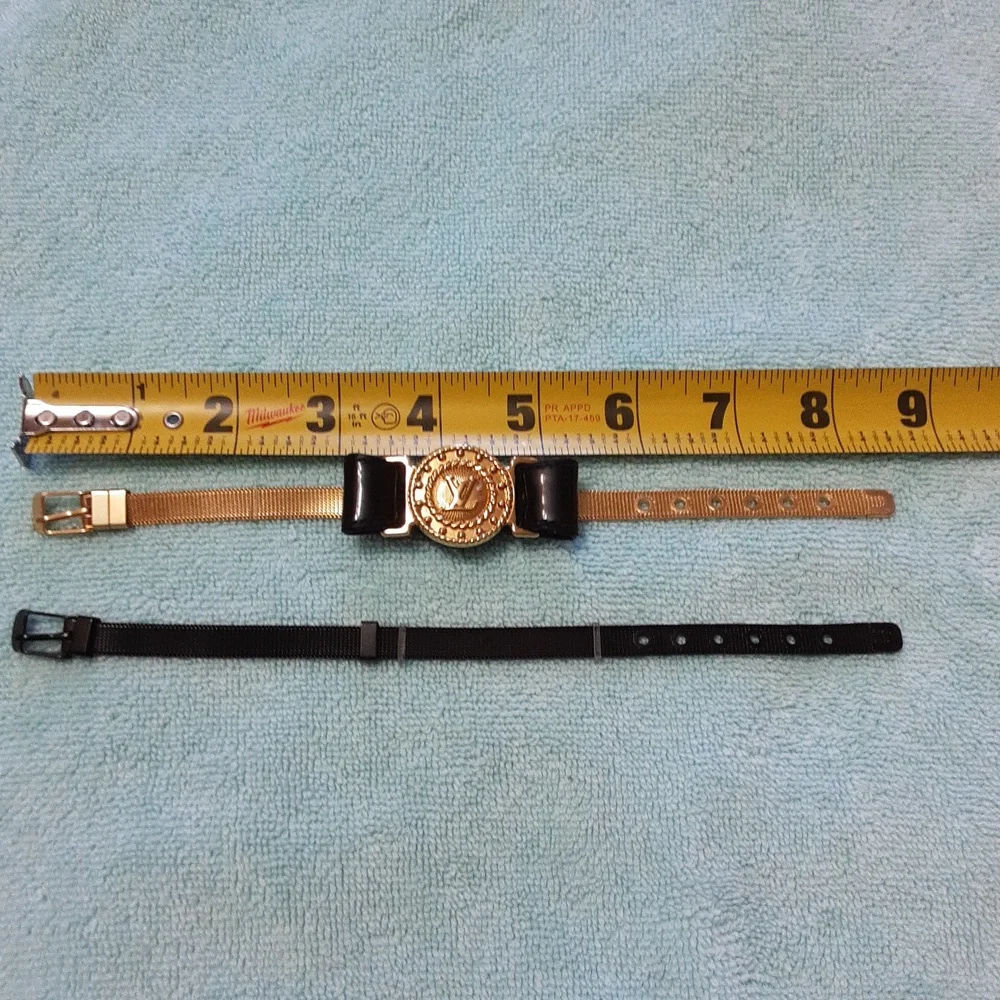 Versace-Inspired Black Leather Bracelet with Gold Medallion & Gold Mesh Strap